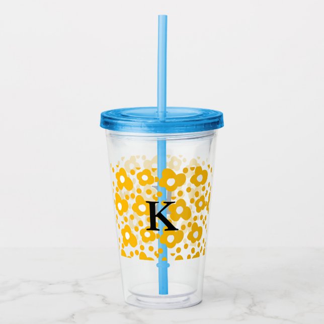 Yellow white daisy floral pattern add monogram mus acrylic tumbler (Front)