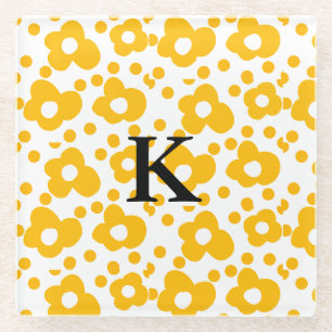 Yellow white daisy floral pattern add monogram mus glass coaster