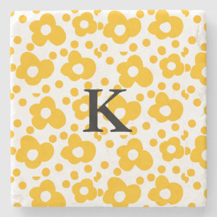 Yellow white daisy floral pattern add monogram mus stone coaster
