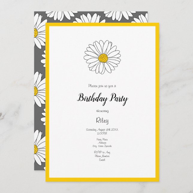 Yellow White Daisy Grey Yellow White Daisy Pattern Invitation (Front/Back)