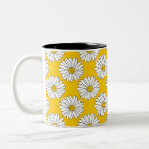 Yellow White Daisy Pattern 2 Two-Tone Coffee Mug