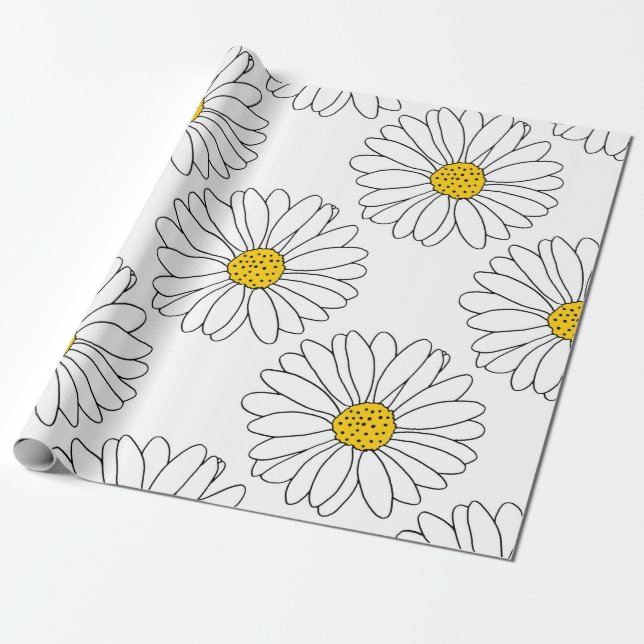 Yellow White Daisy Pattern Wrapping Paper (Unrolled)