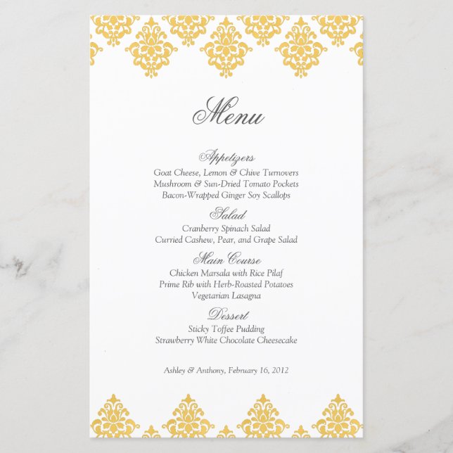 Yellow White Damask Arabesque Wedding Menu Card (Front)