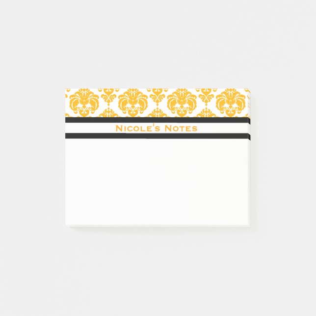 Yellow & White Damask Pattern Modern Personalised Post-it Notes (Front)