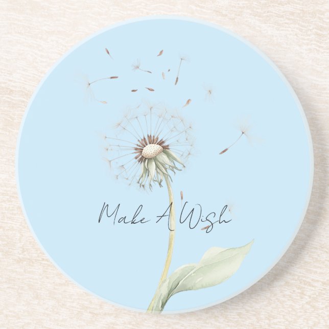 Yellow White Dandelion Flower Wish Coaster (Front)