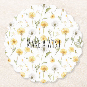 Yellow White Dandelions Flowers Make A Wish Paper Coaster