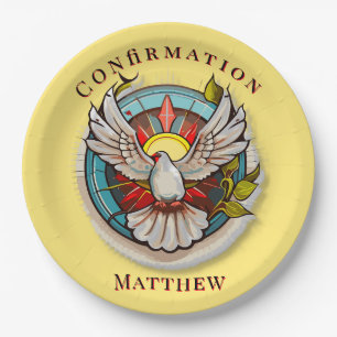 Yellow White Dove Religious Catholic Confirmation Paper Plate