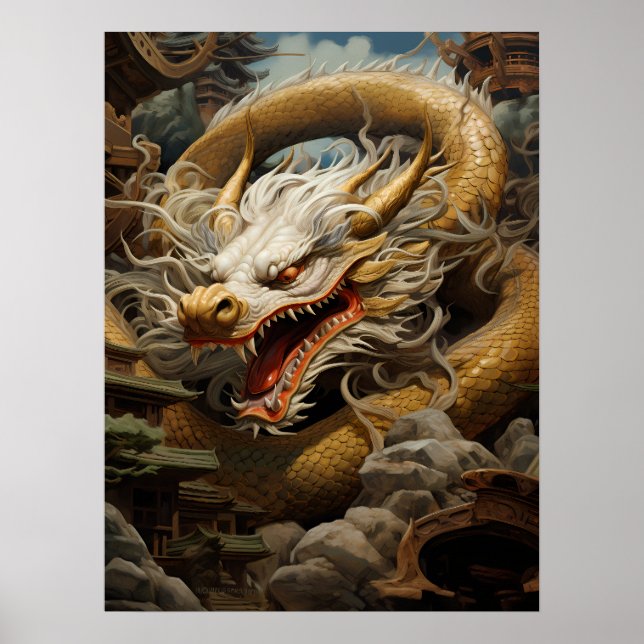 Yellow & White Eastern Dragon Illustration Print/ Poster (Front)