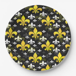 Yellow White Fleur De Lis  Paper Plate