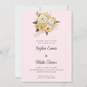 Yellow & White Floral Bouquet Pink Wedding Invitation
