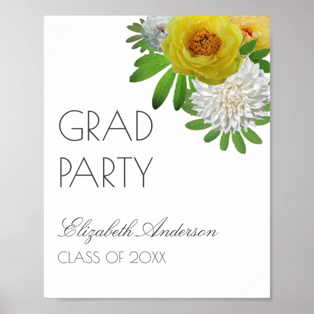 Yellow & White Floral Graduation Party Poster (Front)