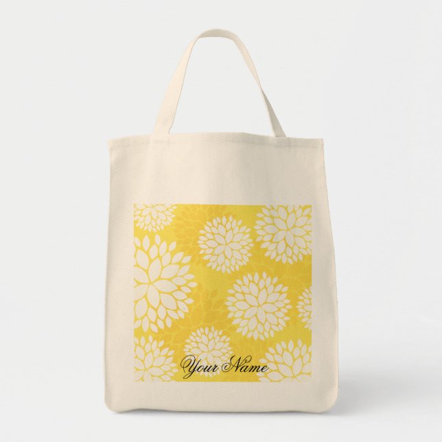 Yellow White Floral Monogram Pattern Tote Bag (Front)