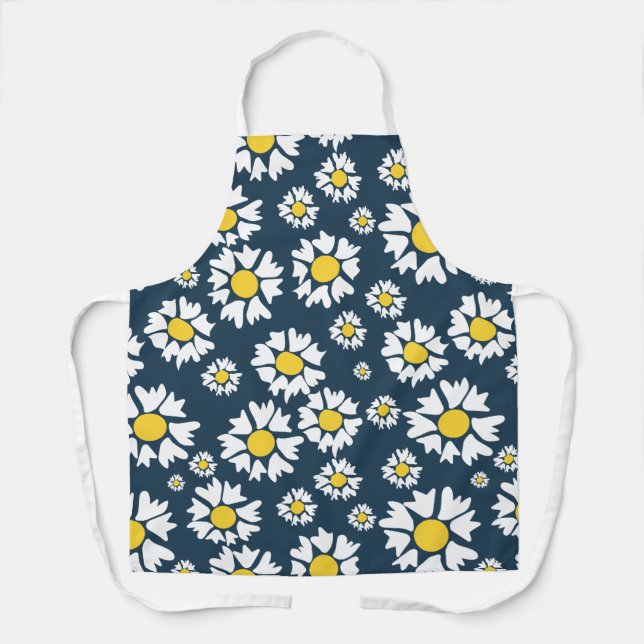 yellow & white Floral on blue All-Over Print Apron (Front)