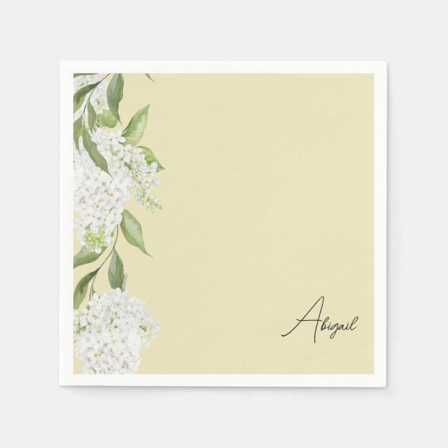 Yellow White Floral Script Name Bridal Shower Napkin (Front)