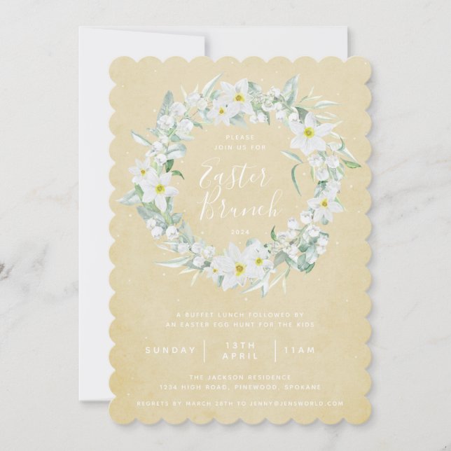 Yellow + White Floral Wreath Easter Brunch Invitation (Front)