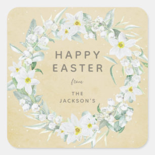 Yellow + White Floral Wreath Easter Message Square Sticker