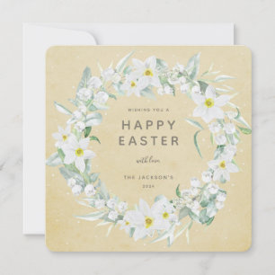 Yellow+White Floral Wreath Happy Easter Flat Card