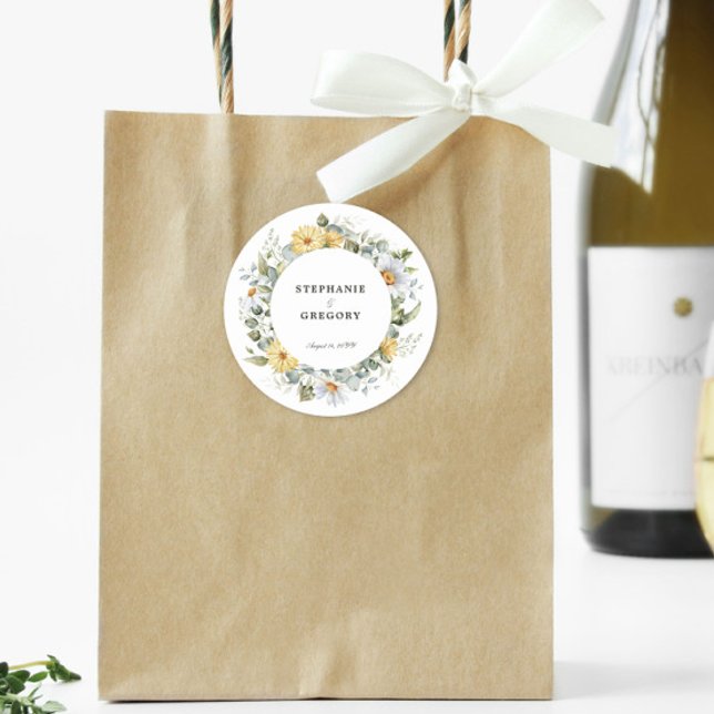 Yellow White Florals Wedding Classic Round Sticker (Creator Uploaded)