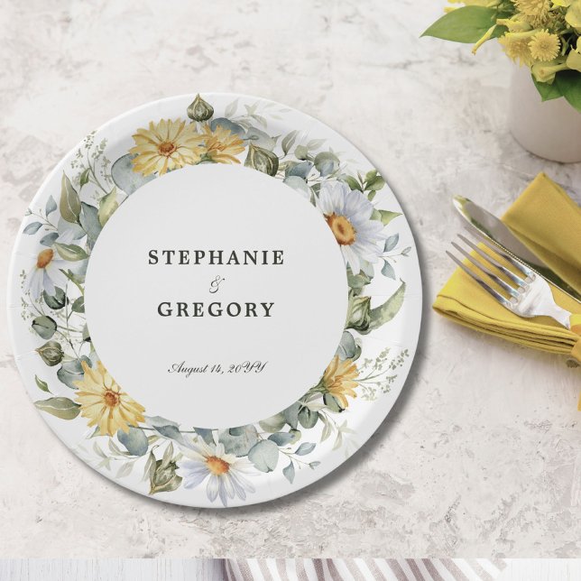 Yellow White Florals Wedding Paper Plate (Creator Uploaded)