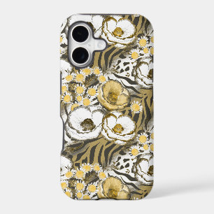 Yellow, white flowers on a tiger background
