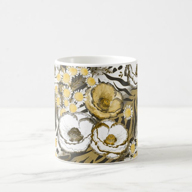 Yellow, white flowers on a tiger background  coffee mug (Center)