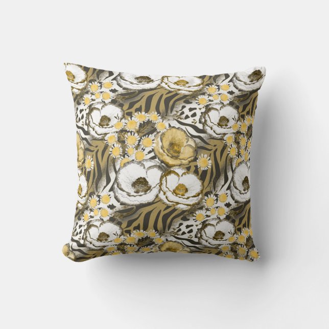 Yellow, white flowers on a tiger background  cushion (Front)