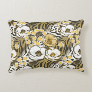 Yellow, white flowers on a tiger background decorative cushion