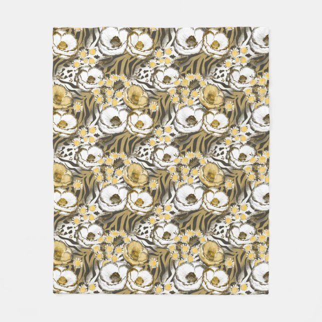 Yellow, white flowers on a tiger background fleece blanket (Front)