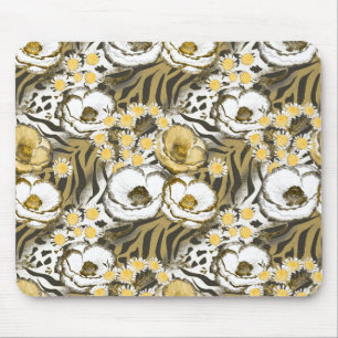 Yellow, white flowers on a tiger background  mouse pad
