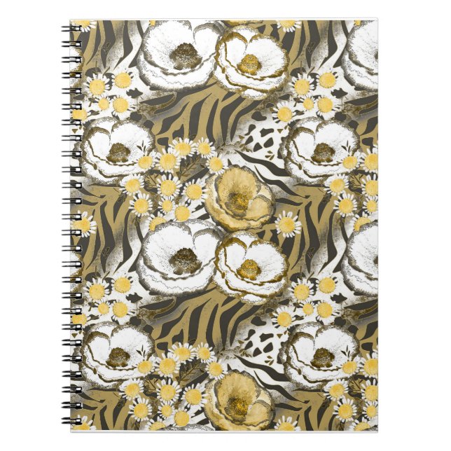 Yellow, white flowers on a tiger background  notebook (Front)