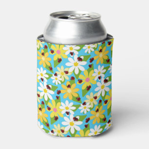 Yellow White Flowers Red Ladybug Beetle Can Cooler