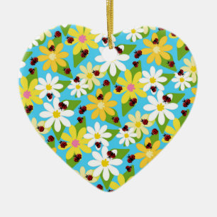 Yellow White Flowers Red Ladybug Beetle Ceramic Ornament