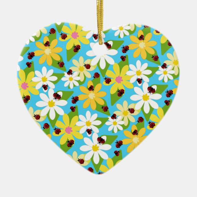 Yellow White Flowers Red Ladybug Beetle Ceramic Ornament (Front)