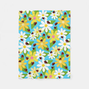 Yellow White Flowers Red Ladybug Beetle Fleece Blanket