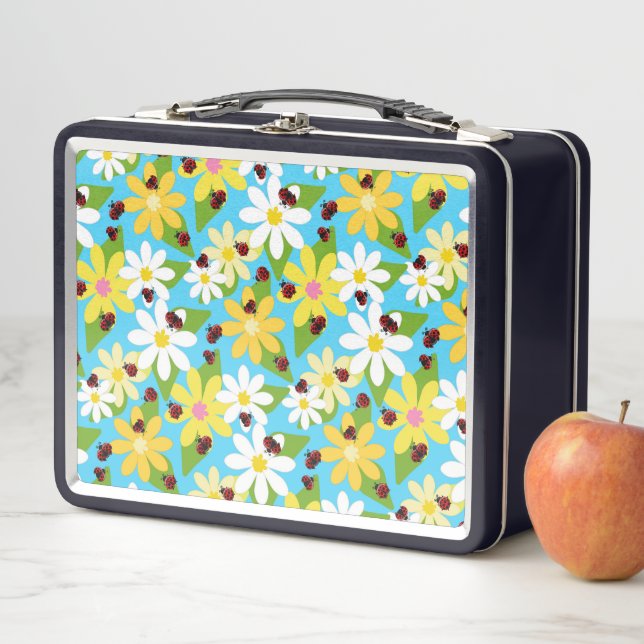 Yellow White Flowers Red Ladybug Beetle Metal Lunch Box (In Situ)