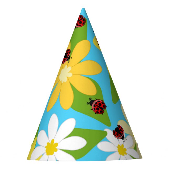 Yellow White Flowers Red Ladybug Beetle Party Hat (Front)