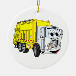 Yellow White Garbage Truck Cartoon Ceramic Ornament