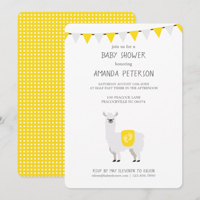 Yellow & White Gender Neutral Llama Baby Shower Invitation (Front/Back)