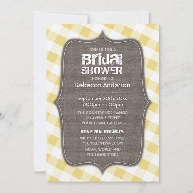 Yellow & White Gingham Canvas Bridal Shower Invitation (Front)