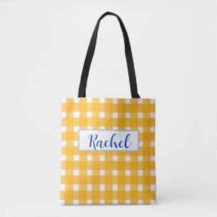 Yellow White Gingham Personalised Tote Bag