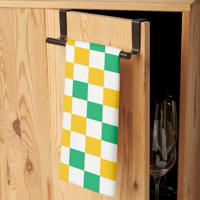 Yellow White Green Chequered Design  Tea Towel (Thirds Fold)