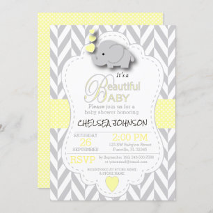 Yellow, White Grey Elephant 🐘 Baby Shower Invitation