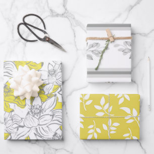 Yellow White Grey Floral Birthday Bridal Shower Wrapping Paper Sheet