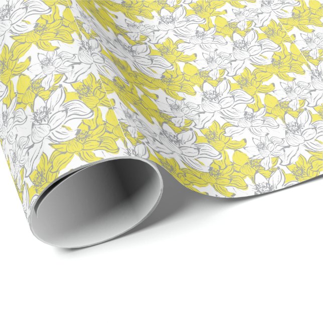 Yellow White Grey Floral Wrapping Paper (Roll Corner)