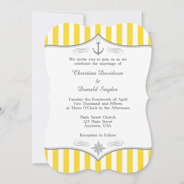 Yellow White Grey Nautical Wedding Invitation (Front)
