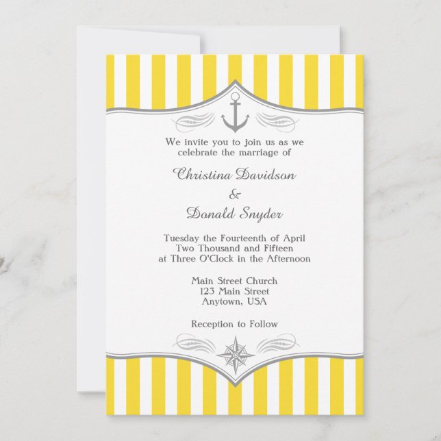 Yellow White Grey Nautical Wedding Invitation (Front)