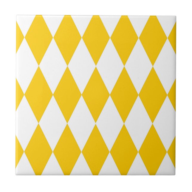 Yellow White Harlequin Diamonds Checkers Design  Ceramic Tile (Front)