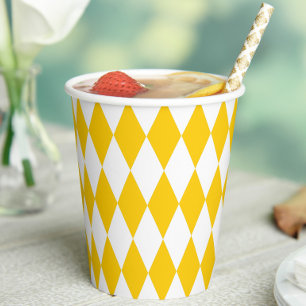 Yellow White Harlequin Diamonds Checkers Design Paper Cups