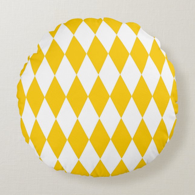 Yellow White Harlequin Diamonds Checkers Design  Round Cushion (Front)