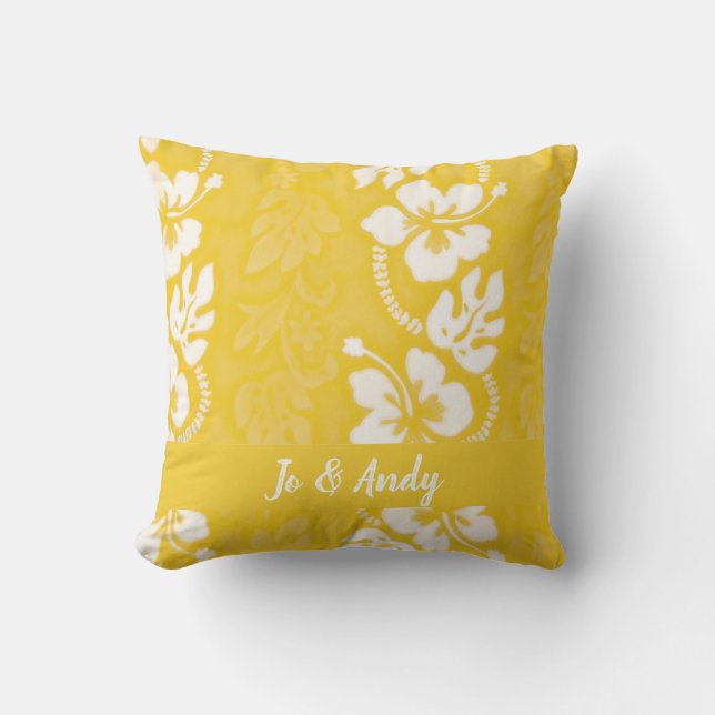 Yellow White Hawaiian Hibiscus Flower Pattern Cushion (Front)